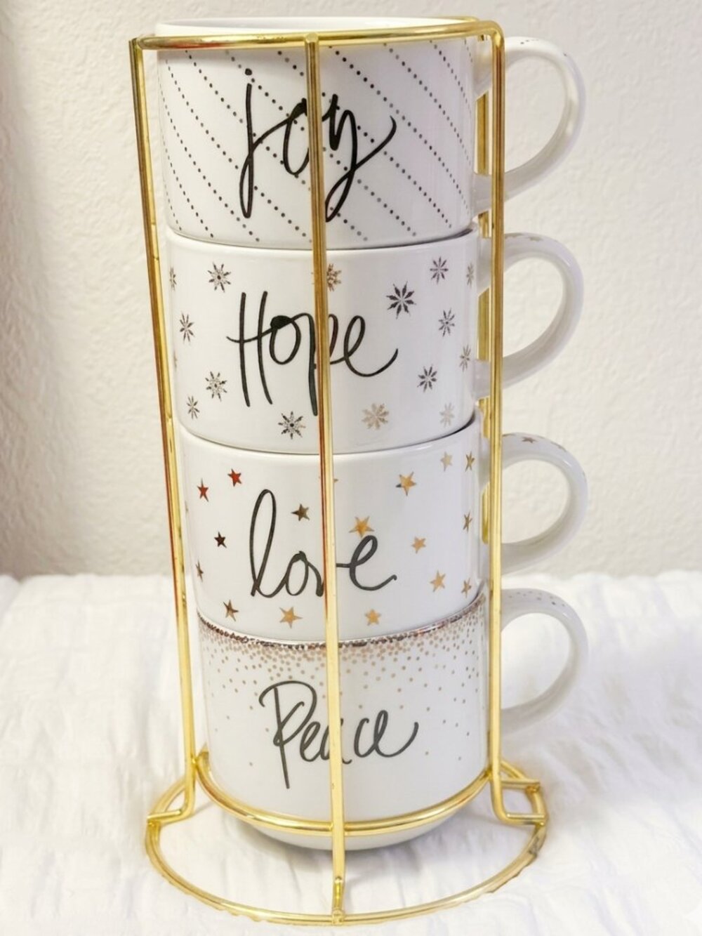 Pier 1 Imports Holiday Sentiment Stackable Mug Set with Gold Rack